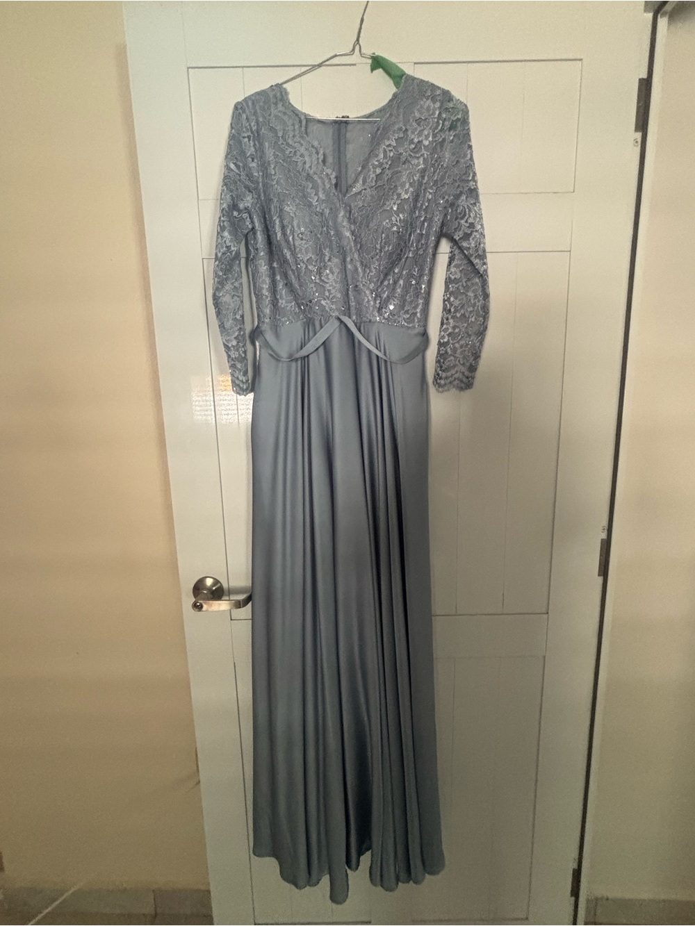 Lace Bodice Long Sleeve Maxi Dress in Dusty Blue